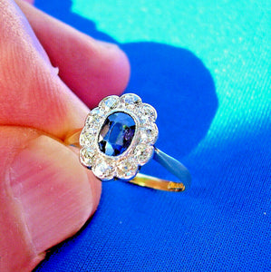 Natural Sapphire Diamond Deco Engagement Ring Antique Vintage European cut Solitaire setting