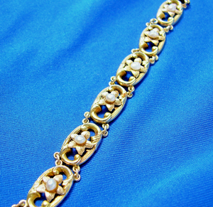 Antique Art Nouveau Gold and Pearl Bracelet Unique Deco Solid 14k 2 tone Links