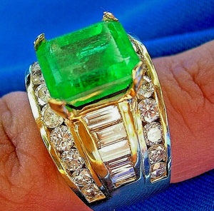 8 carat Earth mined Emerald and Diamond Engagement Ring Vintage Style Solitaire 18k Gold