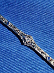 Genuine Diamond Sapphire Art Deco Antique Line Bracelet. Vintage Design Filigree Rhodium and 14k Gold Bracelet