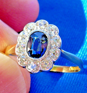 Natural Sapphire Diamond Deco Engagement Ring Antique Vintage European cut Solitaire setting