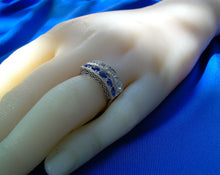 Load image into Gallery viewer, Earth mined Cushion cut Diamond and Sapphire Deco Wedding Ring Antique Platinum Band
