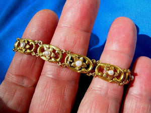 Antique Art Nouveau Gold and Pearl Bracelet Unique Deco Solid 14k 2 tone Links