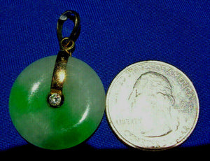 Exotic Genuine Jade and Diamond Vintage Deco Vivid Green and White Disc Pendant 18k Gold Charm