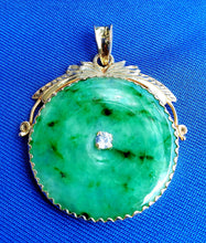 Load image into Gallery viewer, Natural green Jade and Diamond Vintage Deco Design Pendant Solid 14k Gold Round Charm
