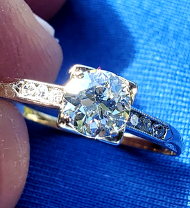 Genuine European cut Diamond Deco Engagement Ring Vintage Solitaire size 7.5