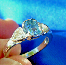Load image into Gallery viewer, Earth mined Aquamarine and Diamond Engagement Ring Deco Design 18k Setting size 6.75
