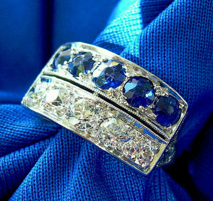 Earth mined Cushion cut Diamond and Sapphire Deco Wedding Ring Antique Platinum Band