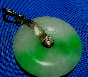 Exotic Genuine Jade and Diamond Vintage Deco Vivid Green and White Disc Pendant 18k Gold Charm