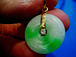 Exotic Genuine Jade and Diamond Vintage Deco Vivid Green and White Disc Pendant 18k Gold Charm