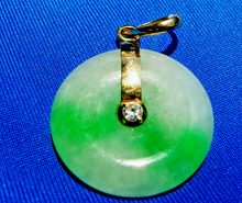 Load image into Gallery viewer, Exotic Genuine Jade and Diamond Vintage Deco Vivid Green and White Disc Pendant 18k Gold Charm
