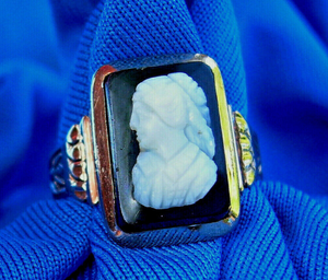 Antique Victorian 14k Rose Gold Ring Exotic Deco Intaglio Onyx Portrait Cameo