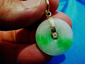 Exotic Genuine Jade and Diamond Vintage Deco Vivid Green and White Disc Pendant 18k Gold Charm