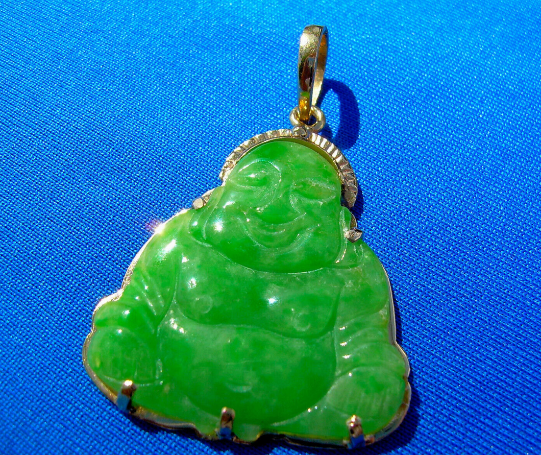 Earth mined Green Jade Budai Pu Tai Vintage Pendant Victorian 18k Gold Charm