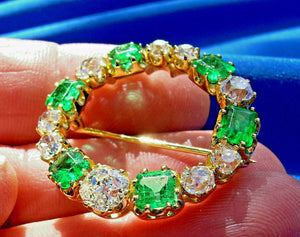 10.2 carat Genuine Earth mined Cushion cut Diamond and Emerald Circle Deco Brooch Antique 18k Gold setting