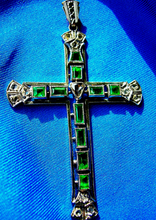 Load image into Gallery viewer, Earth mined Emerald and Rose cut Diamond Antique Cross Vintage Deco Pendant 14k White Gold
