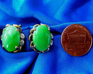 Elagant Jade and Diamond Vintage Earrings Exciting Deco Design Solid 14k Gold Setting