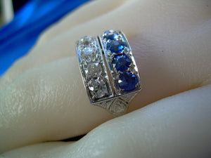 Earth mined Cushion cut Diamond and Sapphire Deco Wedding Ring Antique Platinum Band