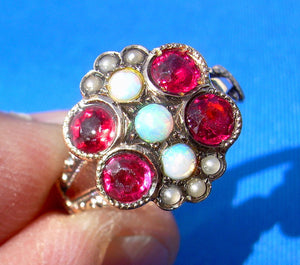EXCITING Antique Ostby Barton 10K Gold 1.50 carat Ruby Opal Pearl Victorian Ring