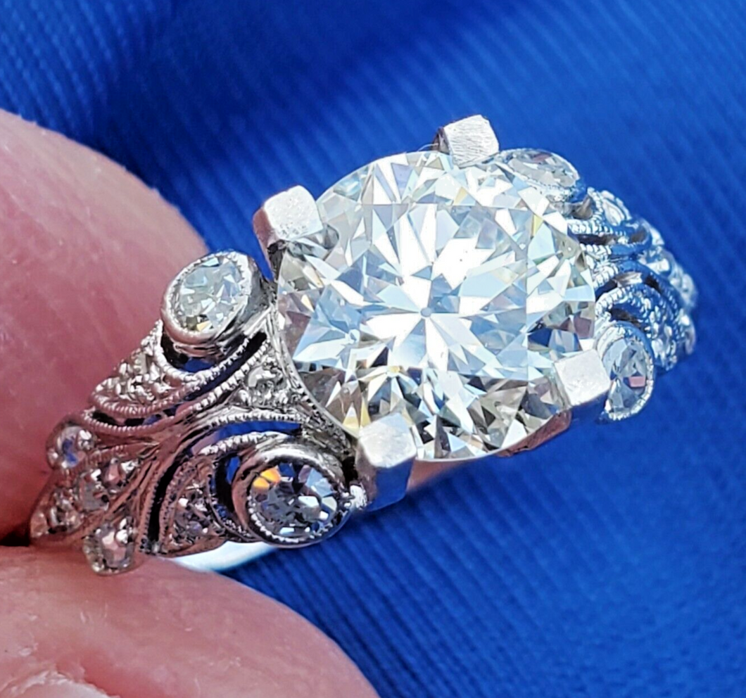 1.85 Carat Earth mined Diamond Art Deco Engagement Ring Vintage Antique Platinum Solitaire