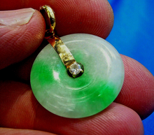 Load image into Gallery viewer, Exotic Genuine Jade and Diamond Vintage Deco Vivid Green and White Disc Pendant 18k Gold Charm
