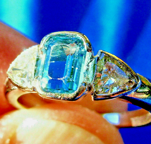 Earth mined Aquamarine and Diamond Engagement Ring Deco Design 18k Setting size 6.75