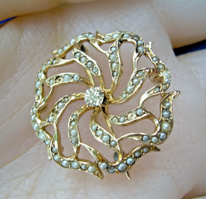 Genuine Diamond and pearl Antique Pendant Nouveau 14k Gold Floral Brooch