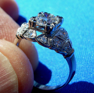 0.88 carat Genuine Diamond Art Deco Engagement Ring Vintage Platinum Solitaire setting