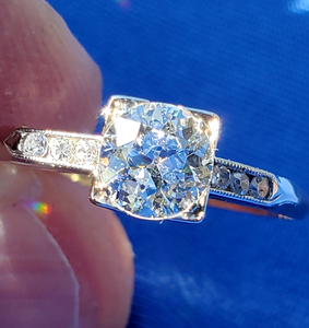Genuine European cut Diamond Deco Engagement Ring Vintage Solitaire size 7.5