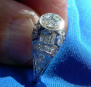 Genuine Earth mined 1.34 carat Diamond Deco Engagement Ring Antique Platinum Sapphire Solitaire setting