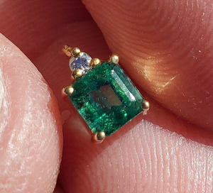 Earth mined Emerald and Diamond Pendant Unique Deco Design Charm 14k Gold