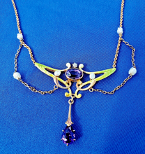 Load image into Gallery viewer, Diamond Amethyst Antique Necklace Art Deco Guilloche Enamel Krementz 14k
