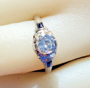 Earth mined Diamond Deco design Engagement Ring Vintage Sapphire Solitaire setting 14k White Gold