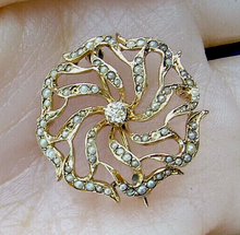 Load image into Gallery viewer, Genuine Diamond and pearl Antique Pendant Nouveau 14k Gold Floral Brooch
