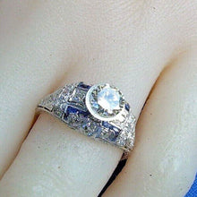 Load image into Gallery viewer, Genuine Earth mined 1.34 carat Diamond Deco Engagement Ring Antique Platinum Sapphire Solitaire setting
