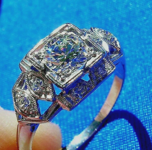 Genuine 0.64 carat European cut Diamond Deco Engagement Ring Vintage Antique Platinum Solitaire