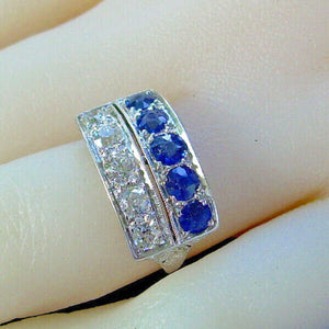 Earth mined Cushion cut Diamond and Sapphire Deco Wedding Ring Antique Platinum Band